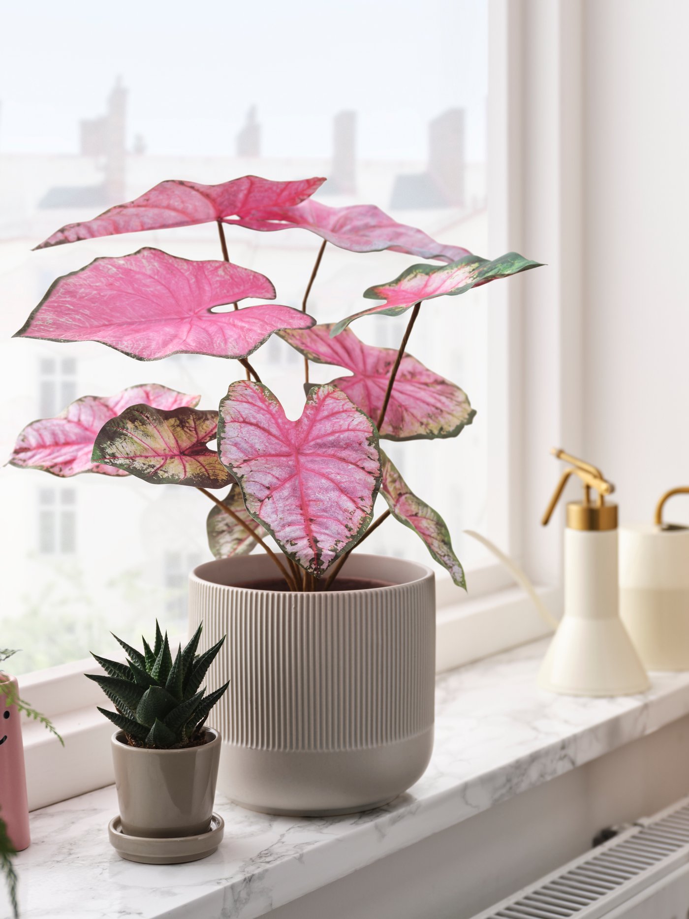 Pianta artificiale SMÅTÄRNA con grandi foglie rosa a forma di cuore in vaso beige su un davanzale luminoso accanto ad altri piccoli accessori decorativi.