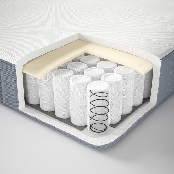Cut-out of a spring mattress with pocket springs and foam inside.