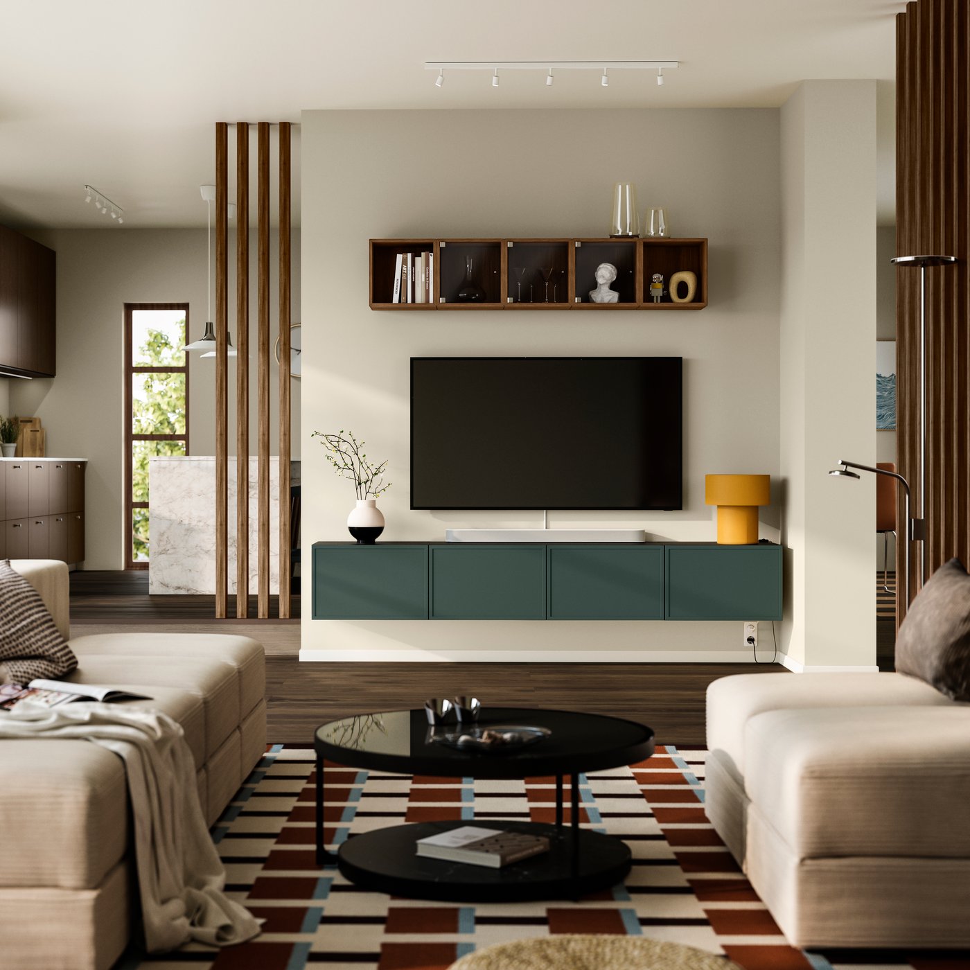 A black-brown/Krukmakare dark grey-green BESTÅ TV bench with doors