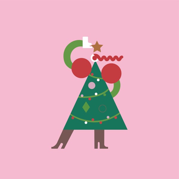 A pink square with an illustration of a character looking like a green Christmas tree with brown boots.