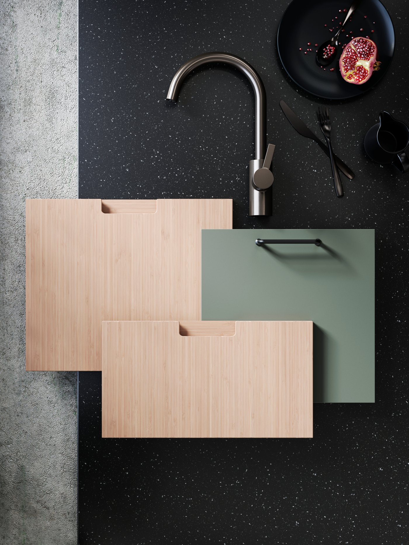 Zelená kuchyňská dvířka BODARP s bambusovými dvířky