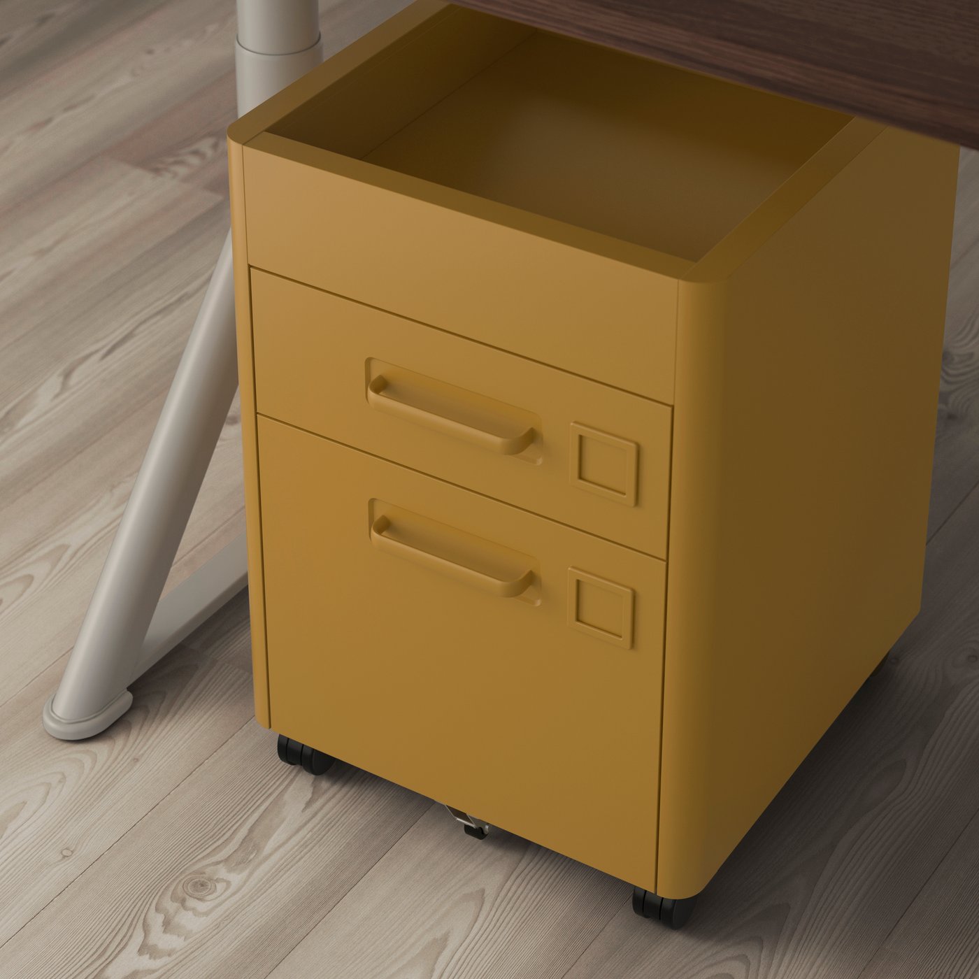 A golden-brown IDÅSEN drawer unit on castors