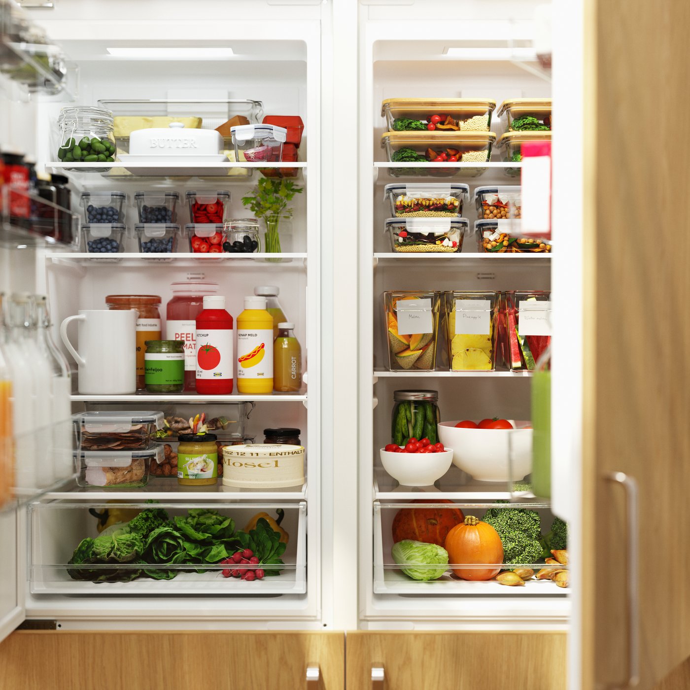 Food items are organised and stored inside two spacious SUPERKALL built-in refrigerators with SINARP fronts in oak veneer.