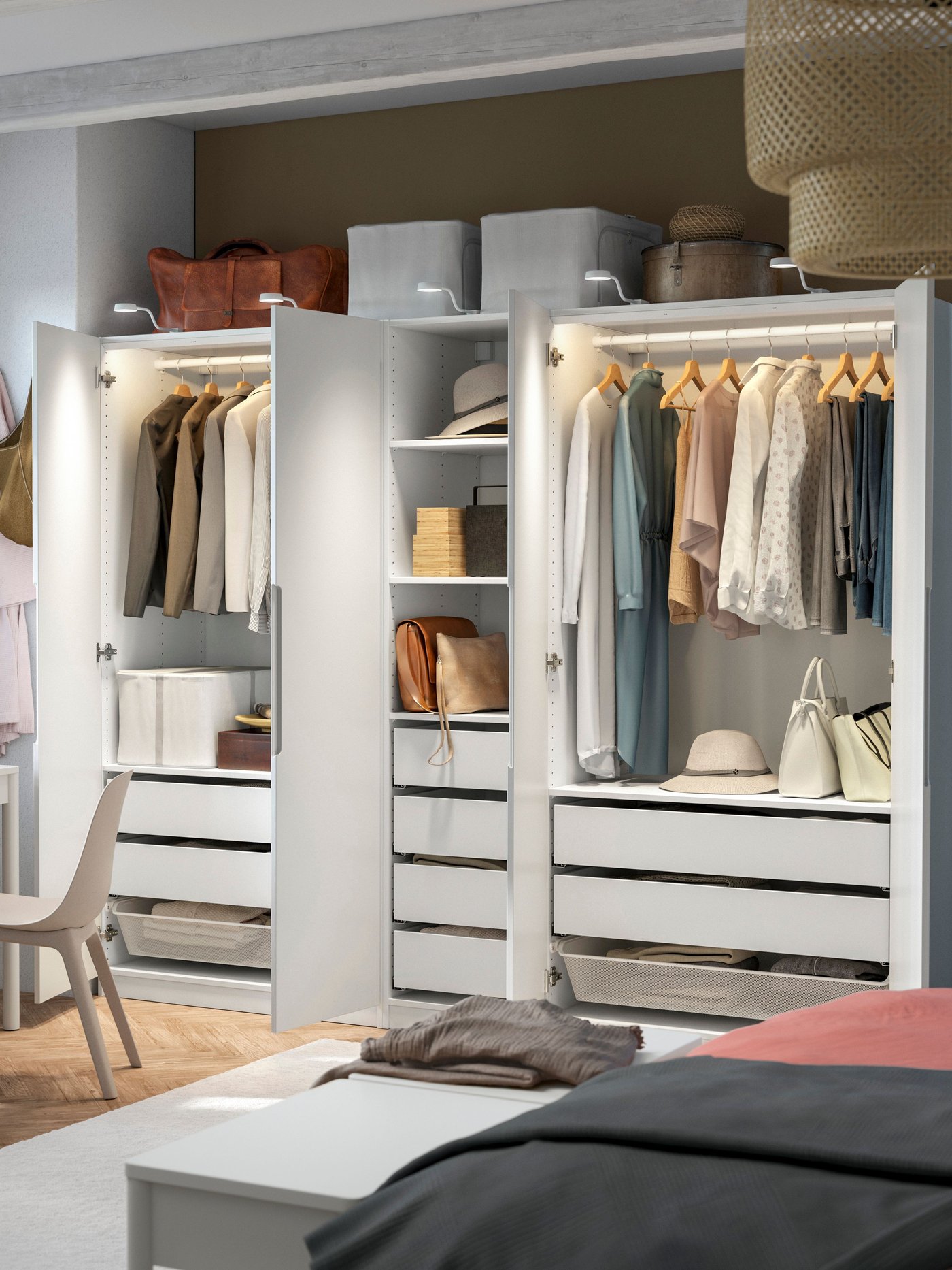 A white/off-white PAX wardrobe combination in the bedroom