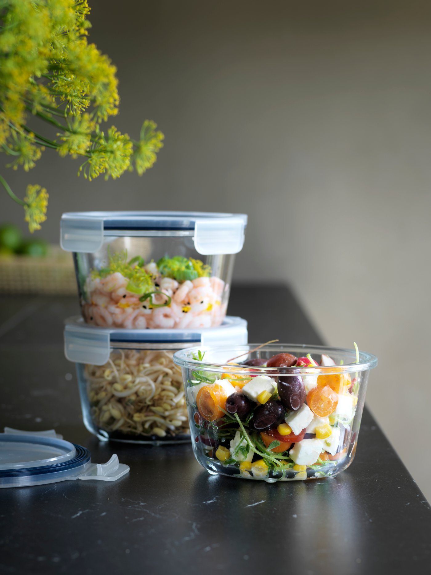 A round/glass IKEA 365+ food container in the kitchen