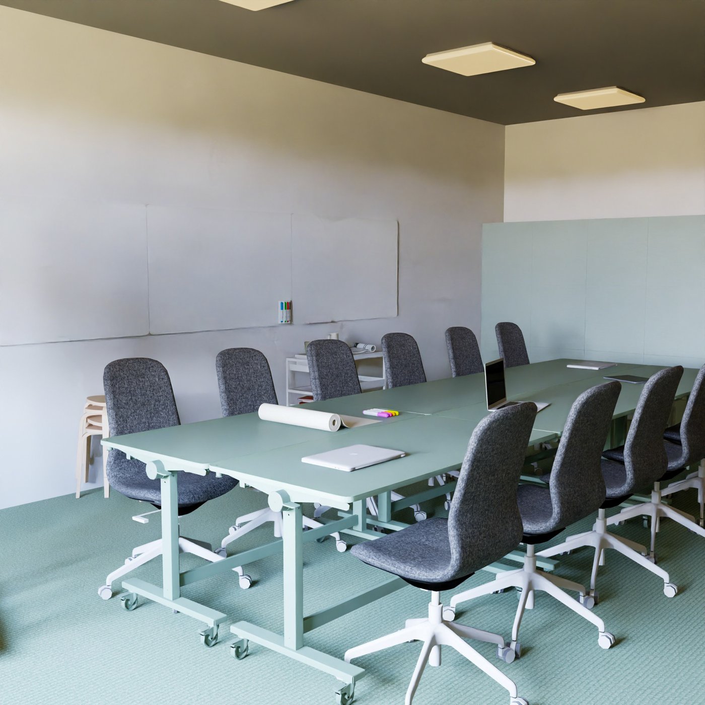 Teil eines Konferenzraums. Blick auf vier Tische auf Rollen, die zu einem Konferenztisch zusammengeschoben sind. Darauf Laptops und Schreibutensilien. Drumherum Bürostühle. An der Wand ein paar gestapelte Hocker und eine offene Aufbewahrung,darüber zwei große Whiteboards.