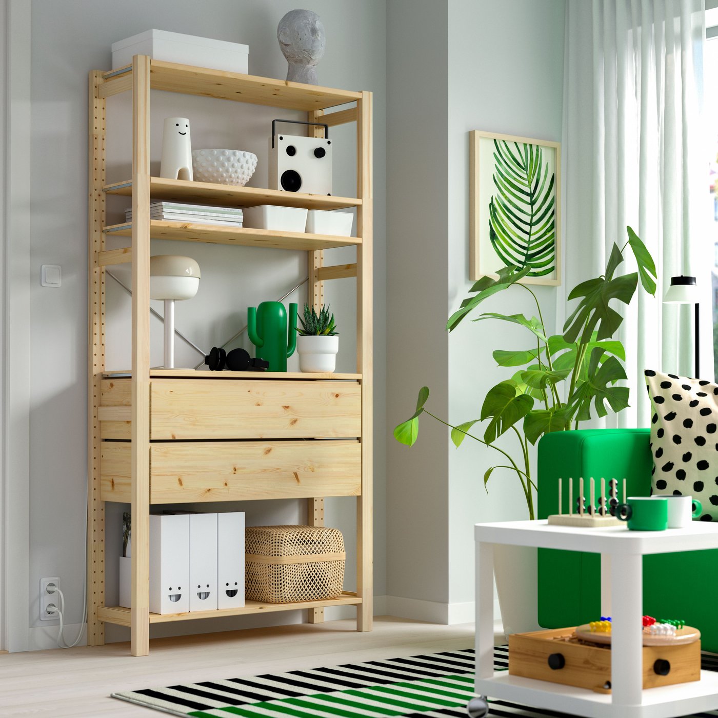 A pine/with 5 shelves with 2 drawers IVAR 1 section in the living room