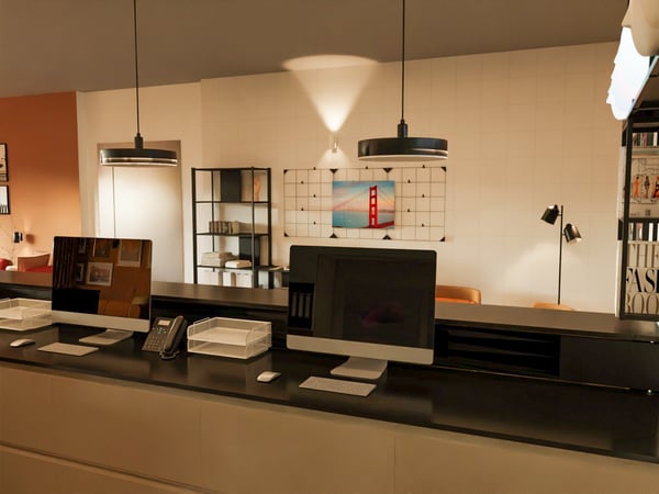 Teil einer Rezeption eines Hotels. Im Vordergrund der Tresen mit Schubladen darunter und Monitoren darauf. Im Hintergrund mit Blick auf eine Wand, eine offene Aufbewahrung. Daneben ein Bild.
