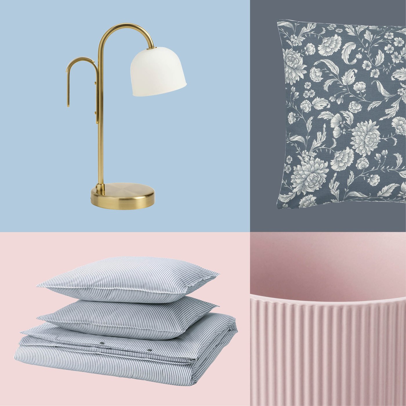 A floral cushion, striped IKEA bedding, a gold‑arched lamp and a pink ribbed vase come together to create a fresh and refined bedroom aesthetic.