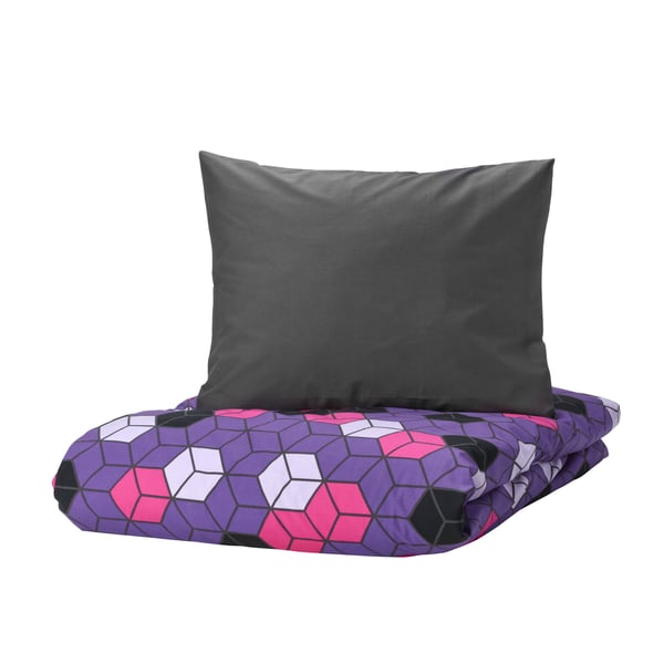 BLÅSKATA ブロースカータ 掛け布団カバー＆枕カバー, パープル/ブラック 模様入り