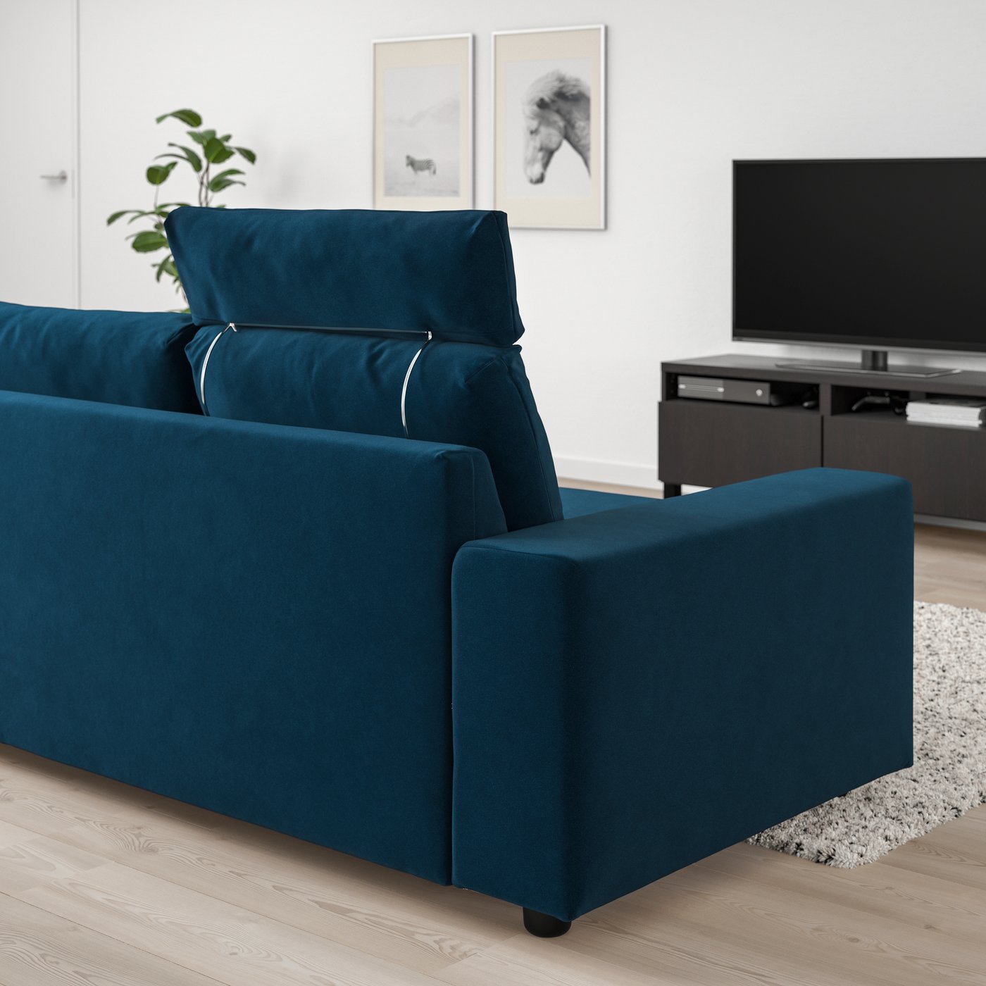 IKEA VIMLE 3-sitssoffa, med nackkudde breda armstöd/djuparp mörk grönblå