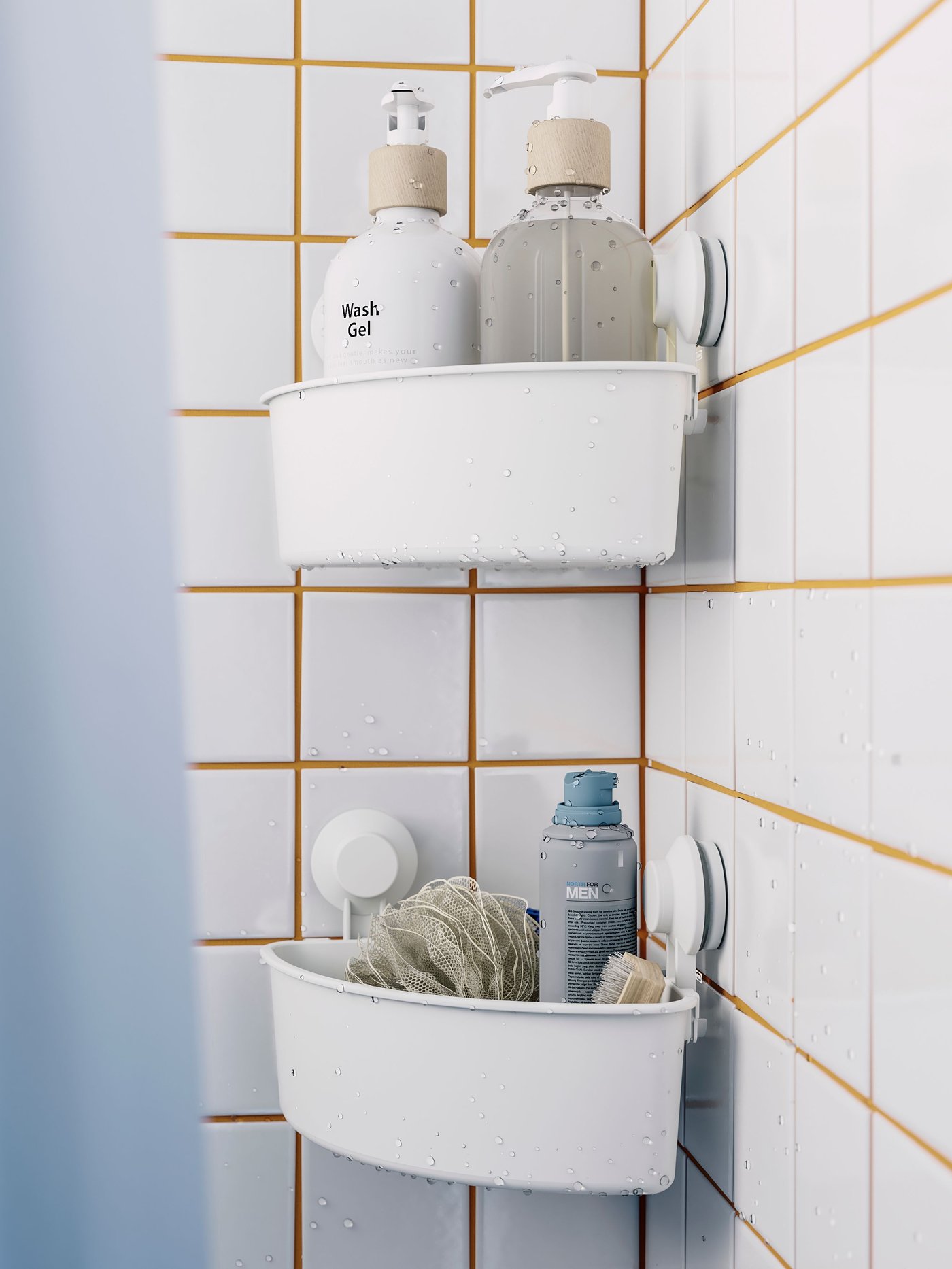 A white TISKEN corner shelf unit with suction cup in the bathroom