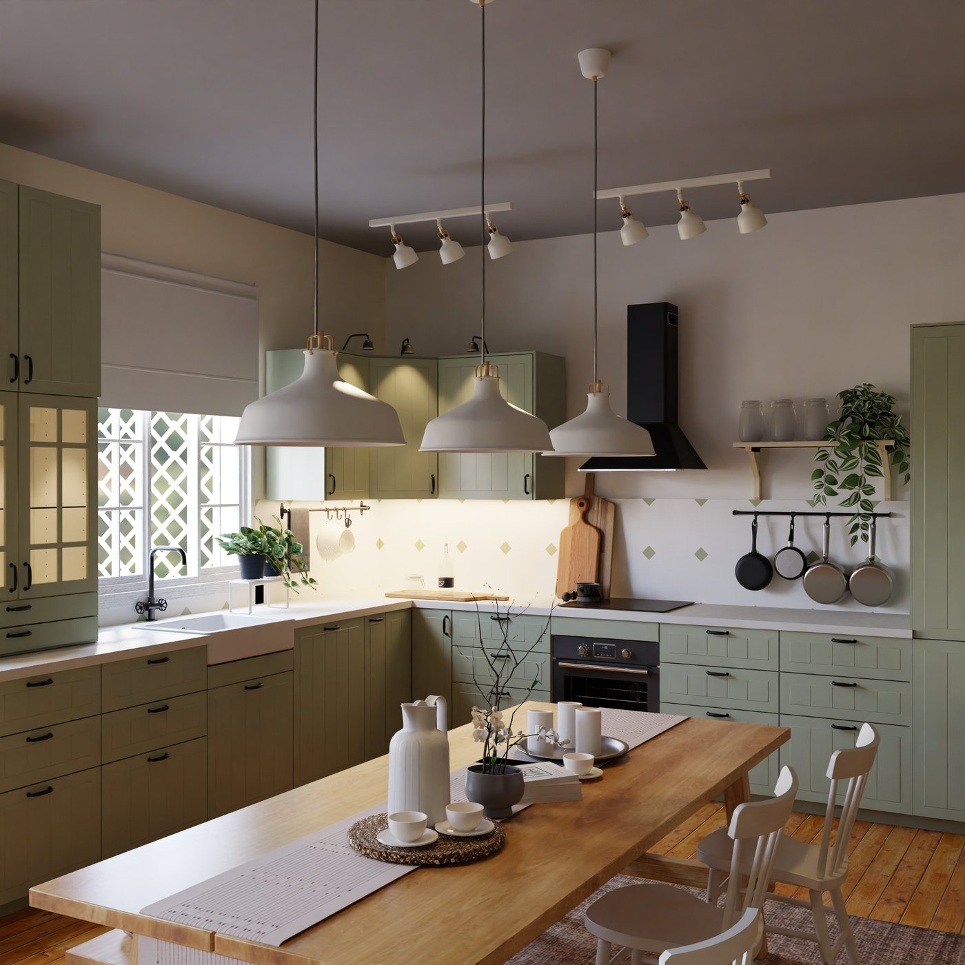 grüne Landhausküche in L-Form mit Vitrinenschränken und Wandregalen.