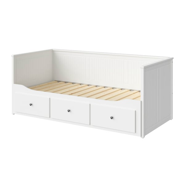 A white HEMNES day-bed frame with 3 drawers