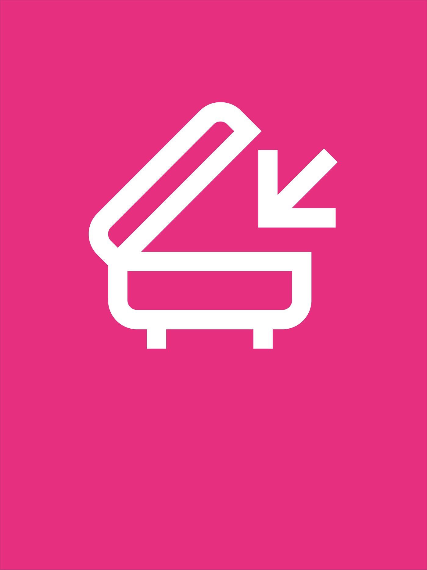 A white icon on a bright pink background representing a footstool with storage.