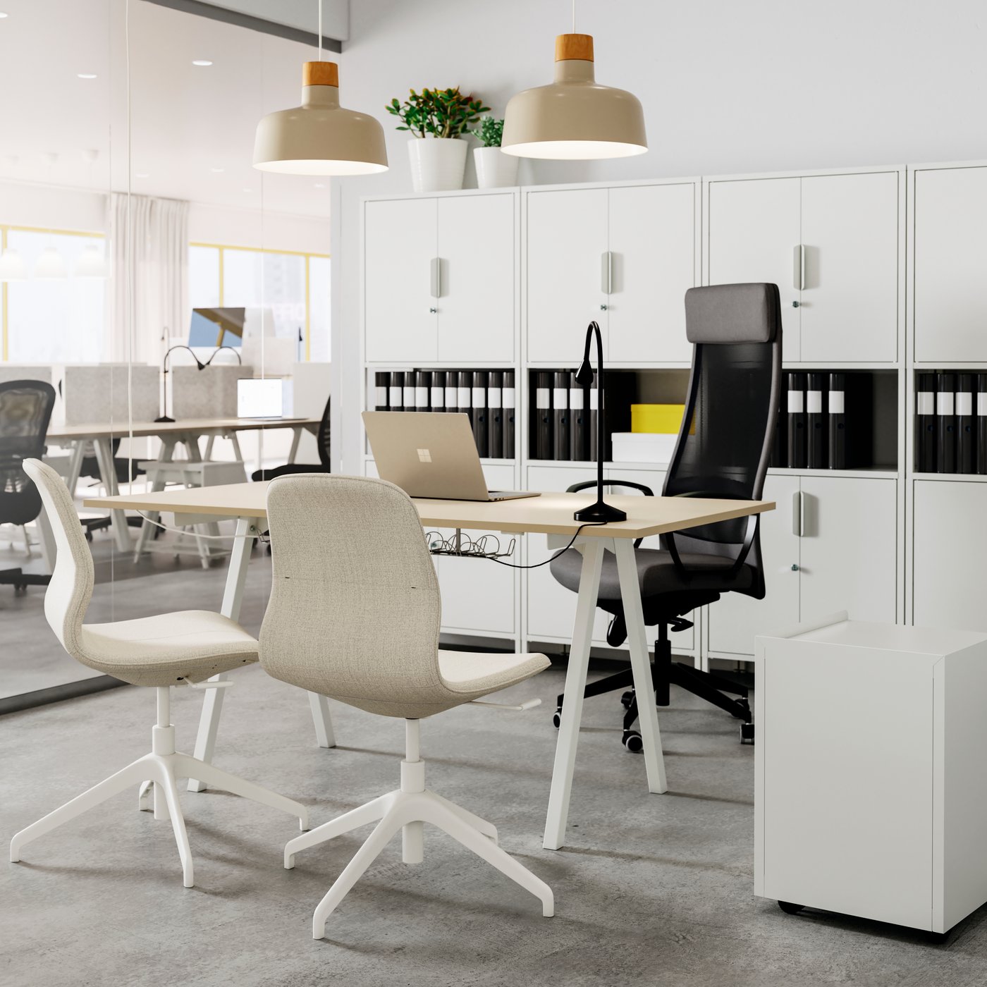 A white GUNNLAUG sound absorbing curtain in the home office