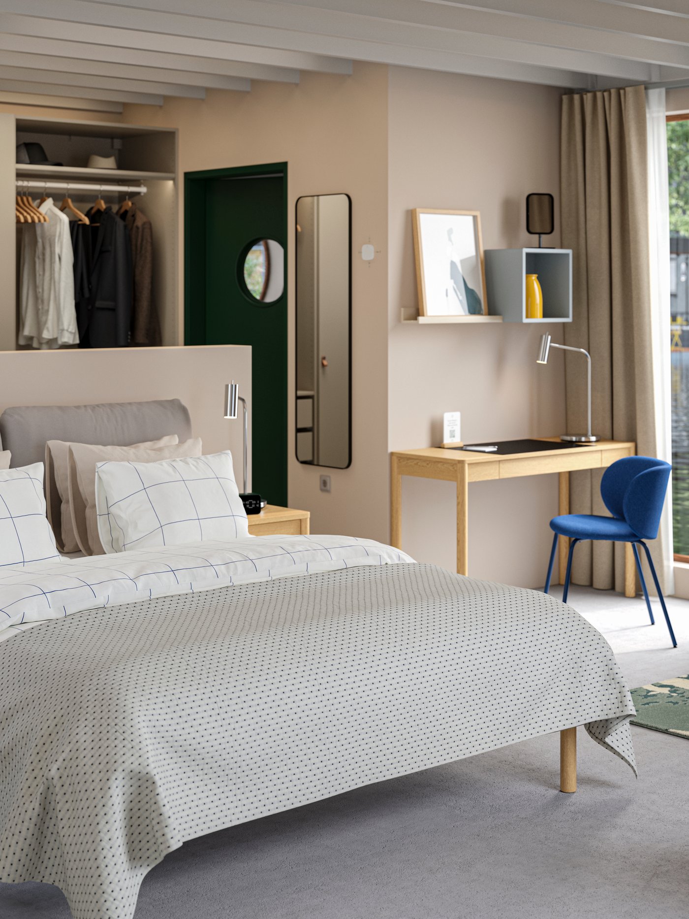 A hotel room with a SAGESUND upholstered bed, a small workspace, a PAX wardrobe and a chair and vase in bright colours.