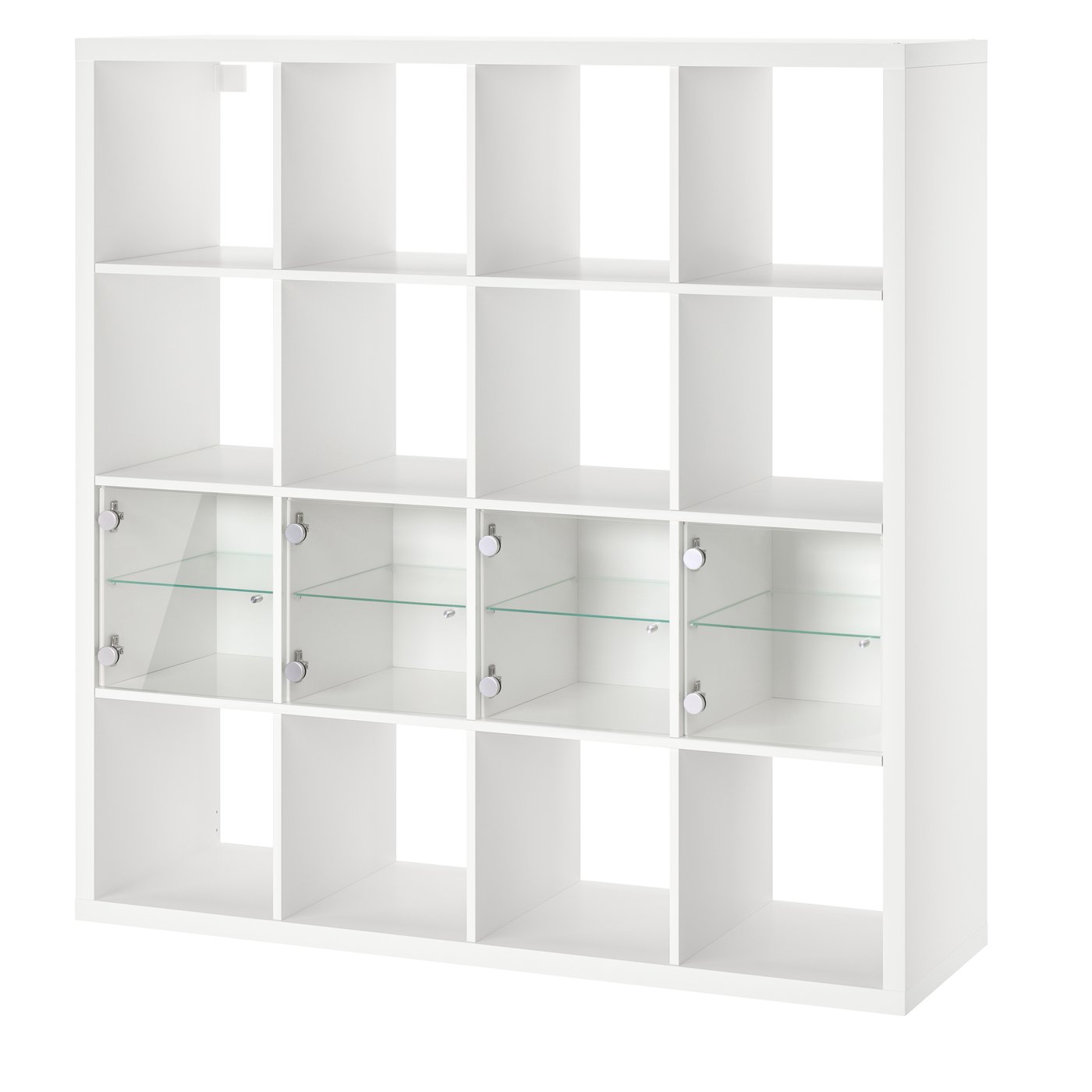 IKEA - KALLAX hylly ja 4 sisustetta, valkoinen/lasi
