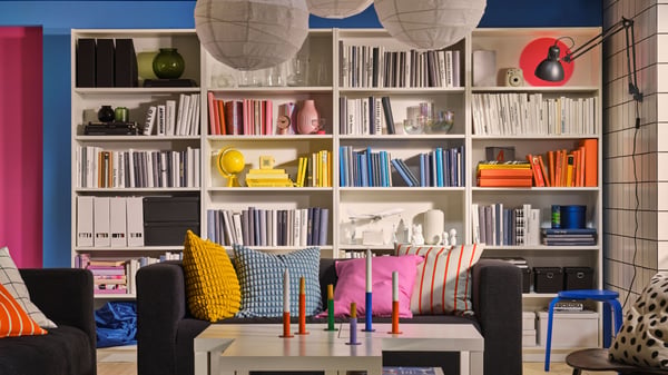 A white BILLY bookcase in the living room