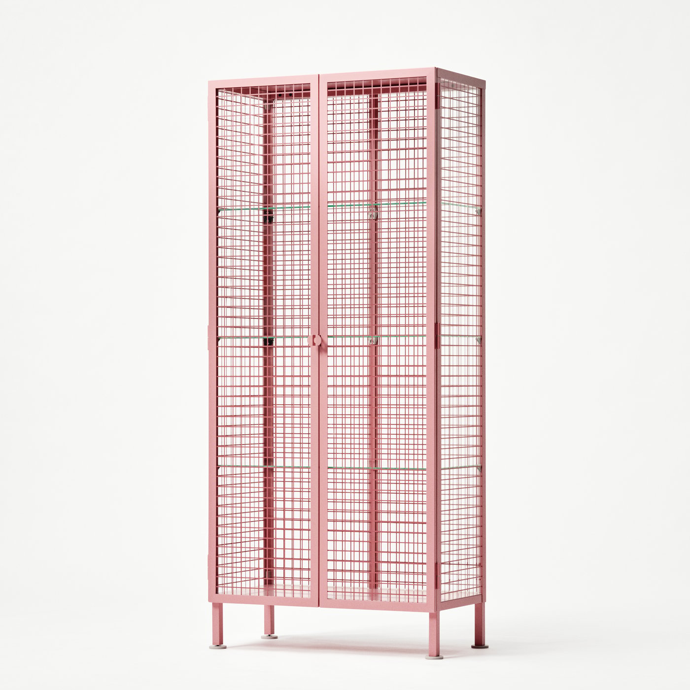 A light pink IKEA PS 2026 glass-door cabinet