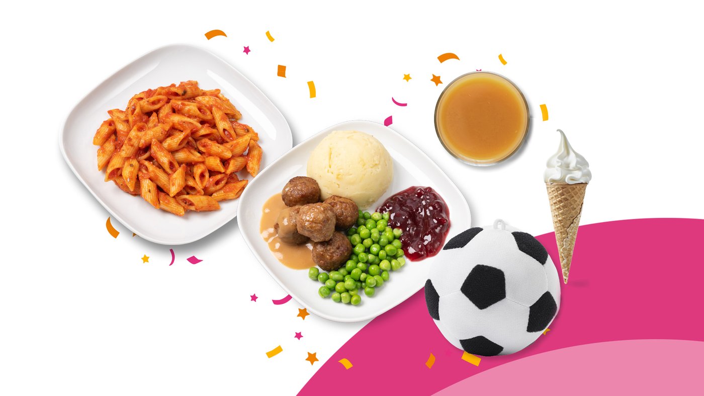Un piatto di polpette VegeTali e Quali o di carne, uno di pasta al pomodoro, un succo, un gelato
e un piccolo peluche. 