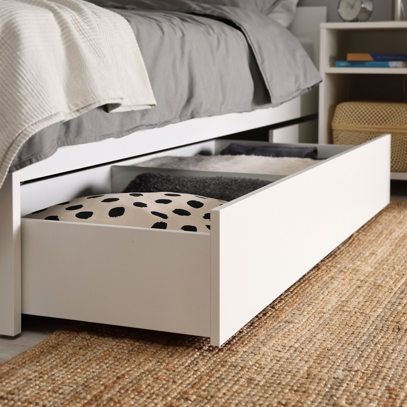 A white/Luröy VIHALS bed frame with 2 storage boxes