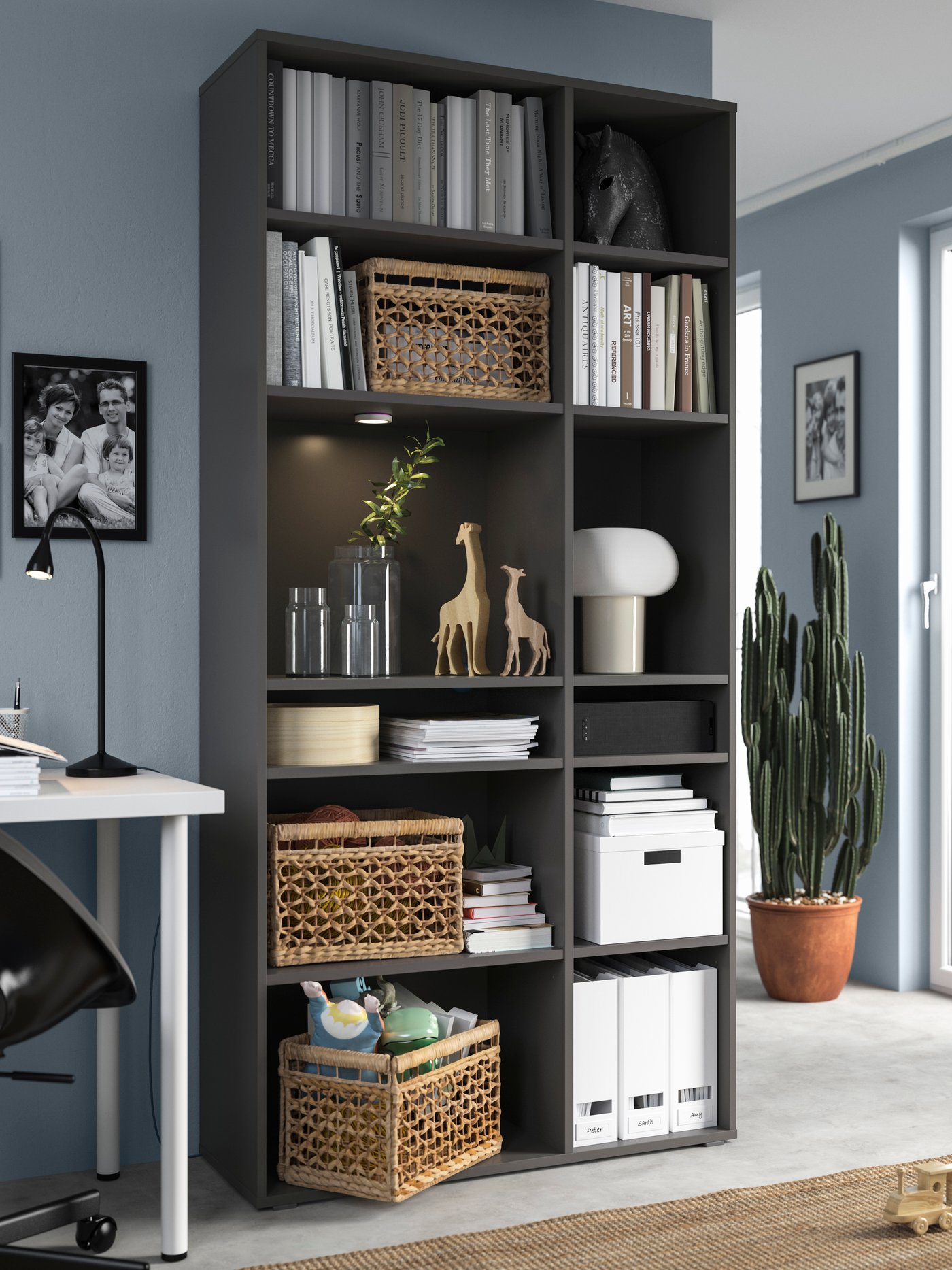 A dark grey VIHALS shelving unit with 10 shelves