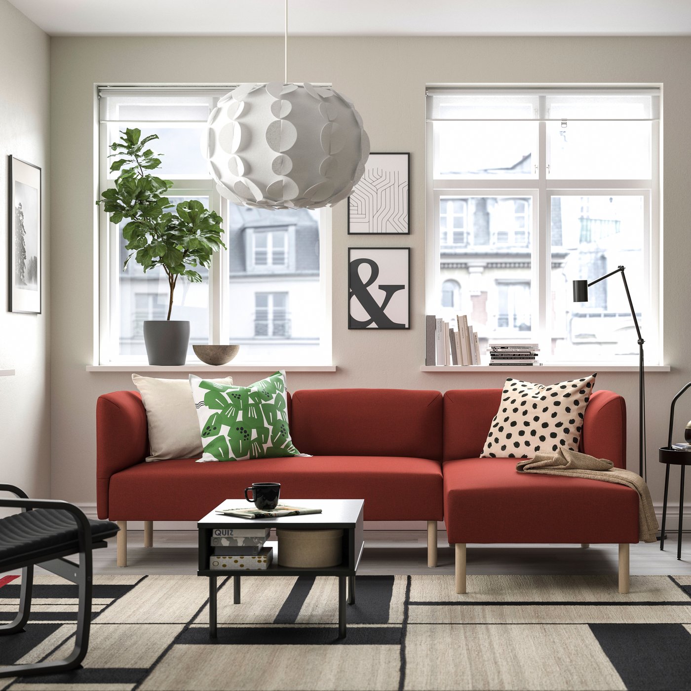 A Gunnared/brown-red wood IKEA LILLEHEM 3 seater modular sofa with chaise longue in a bright beige room