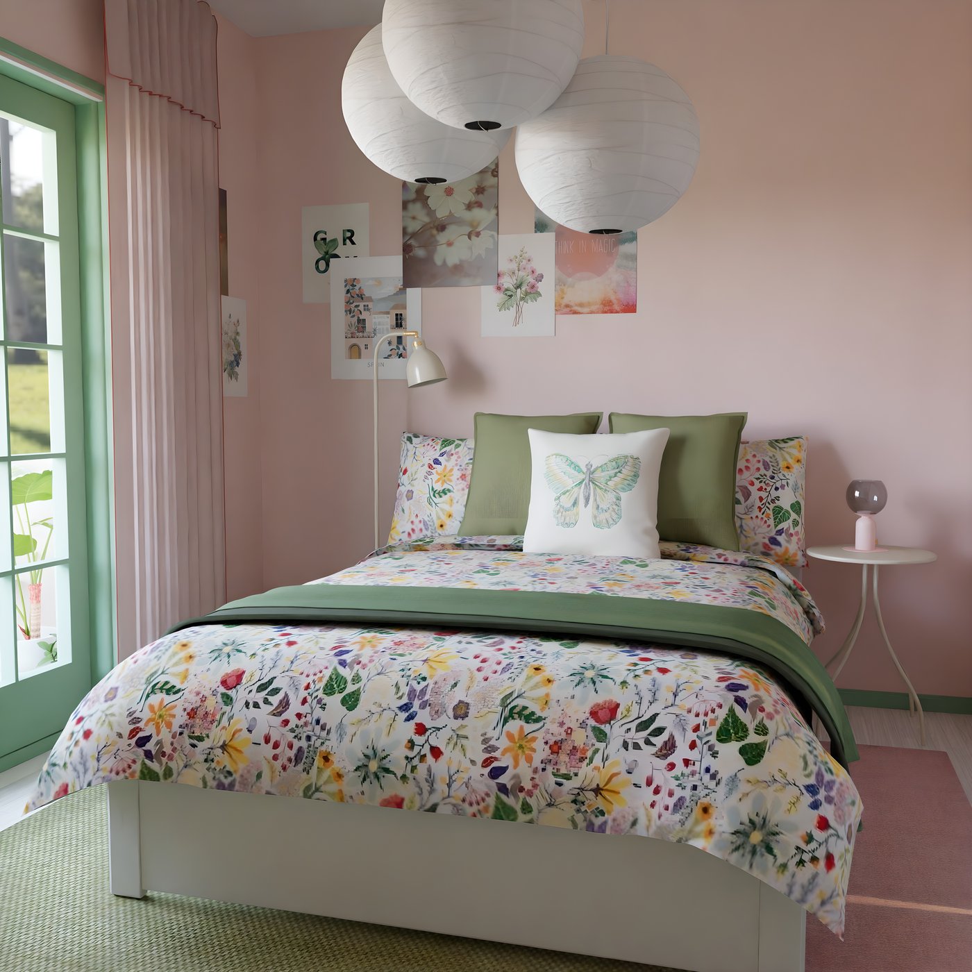 Traditional bedroom with pink and green colours and floral patterns