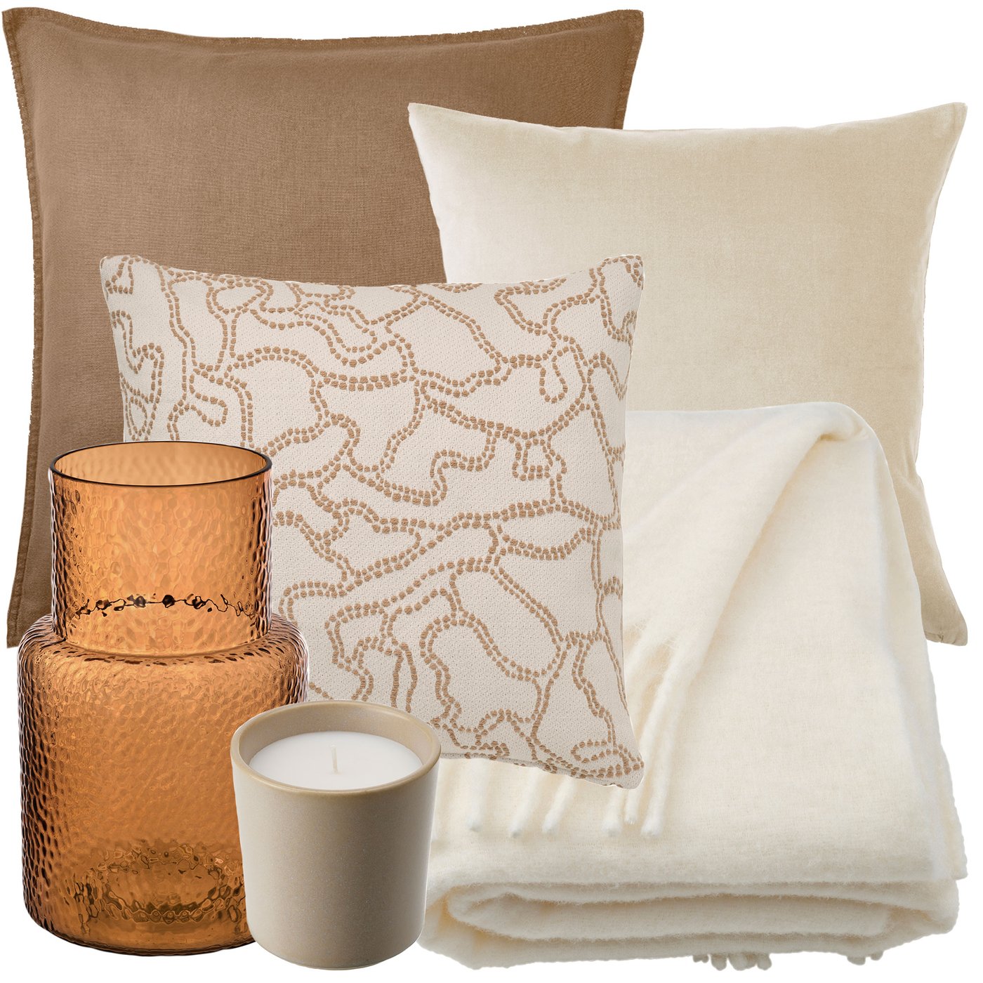 Kollagbild med tre kuddar i mörk- och ljusbeige färgskala, en offwhite filt, en gulbrun glasvas och entt beige doftljus.