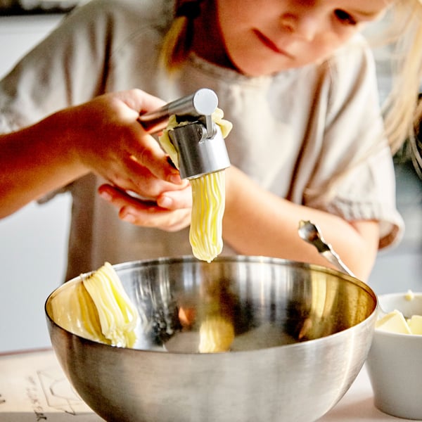 A stainless steel KONCIS garlic press