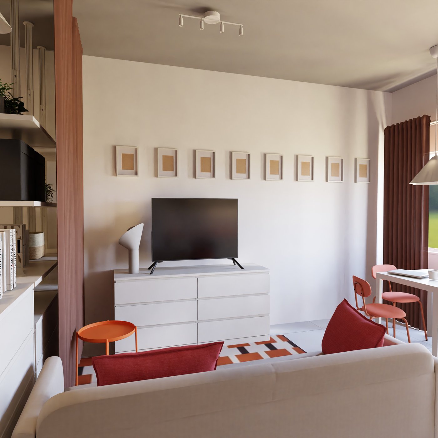 Wohnbereich mit Schubladenschrank auf dem ein Fernseher steht.