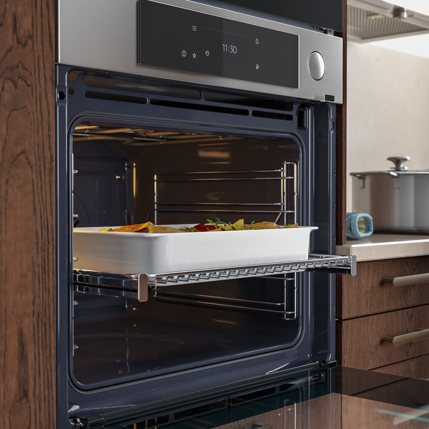 Ein IKEA 700 Edelstahl-Heissluftofen in der Farbe MUTEBO mit Volldampf-Funktion.