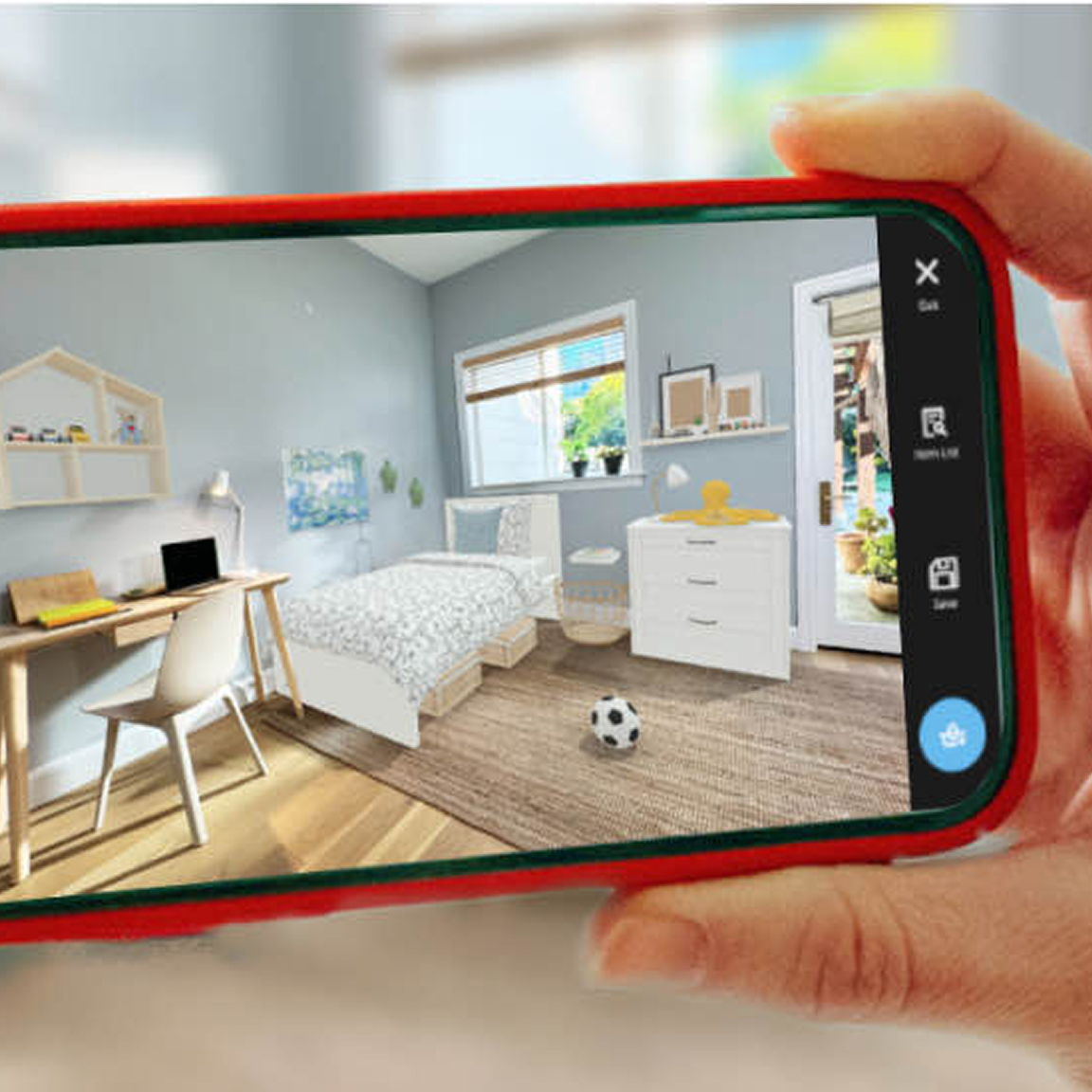 A mobile phone shows a bedroom being designed with IKEA Kreativ