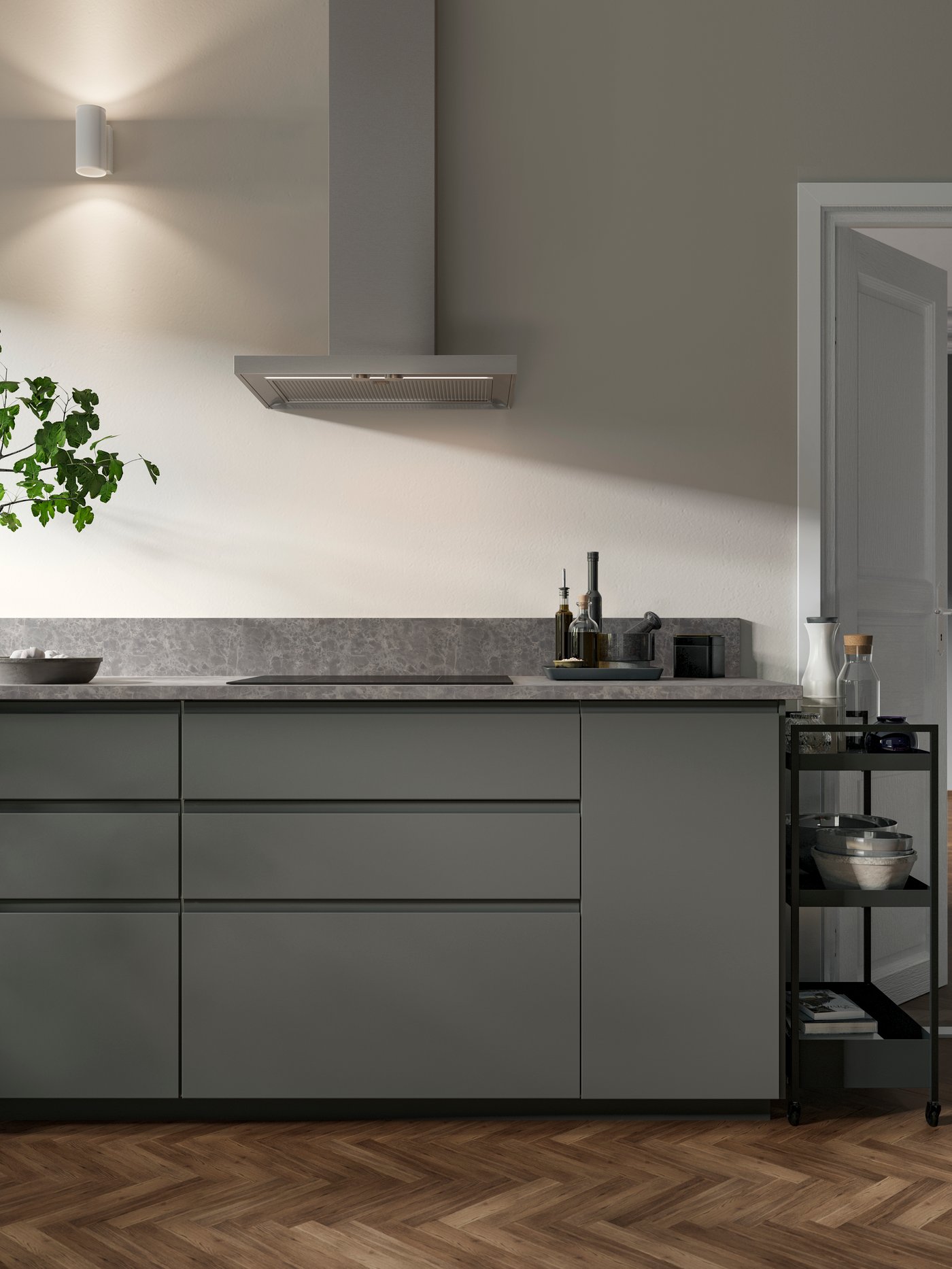 A dark grey VOXTORP door