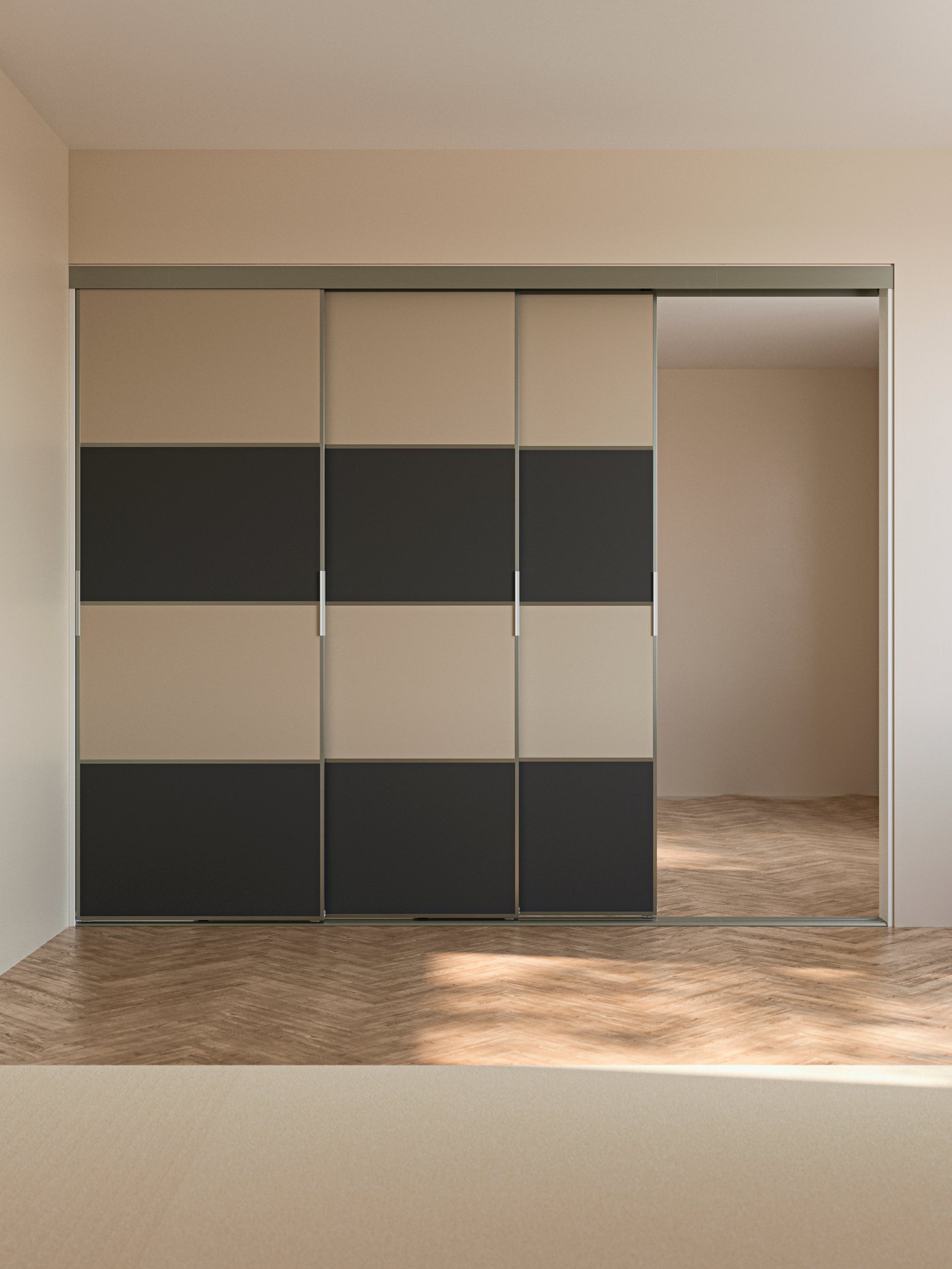 Una solución de puertas corredizas SKYTTA con marcos bajos y paneles MEHAMN en tonos gris oscuro y gris beige para el marco de la puerta corrediza.