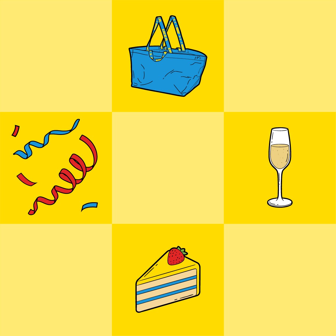 A blue IKEA bag, furniture, and streamers on a yellow checkered background.