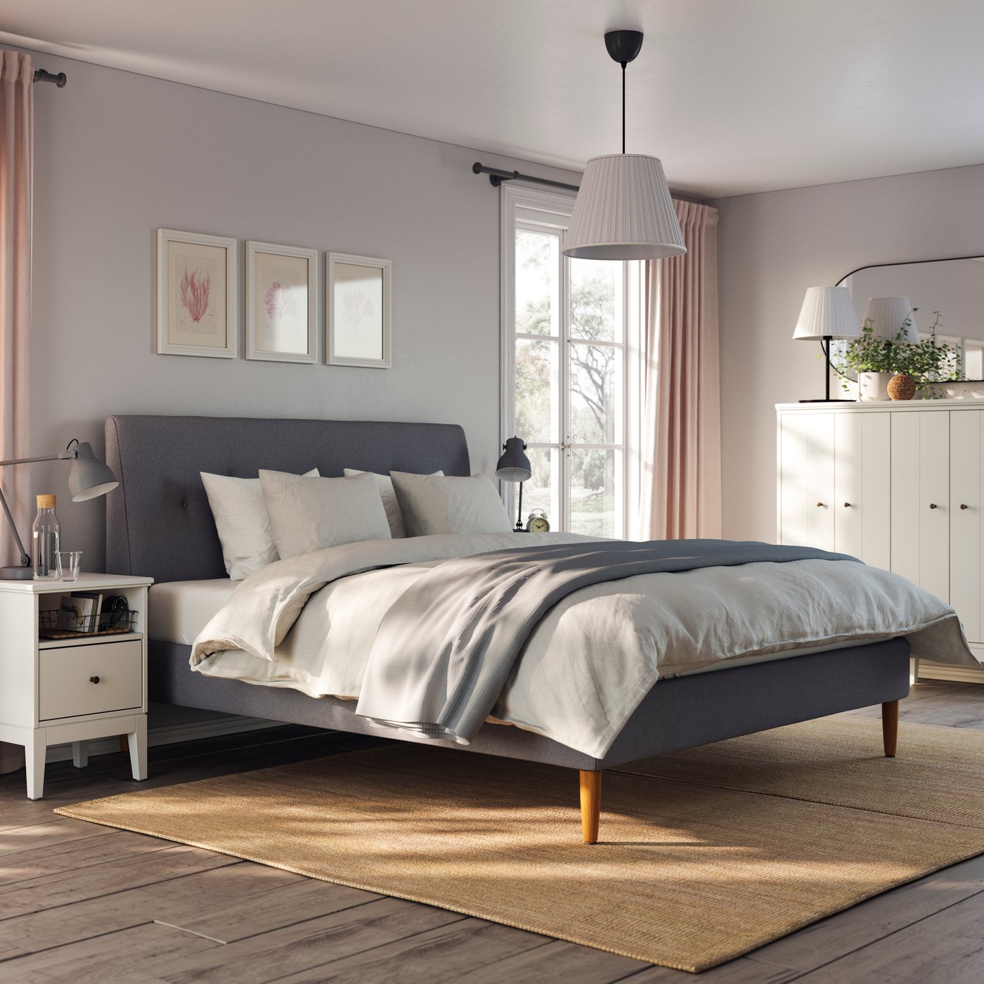 A Gunnared dark grey IDANÄS upholstered bed frame