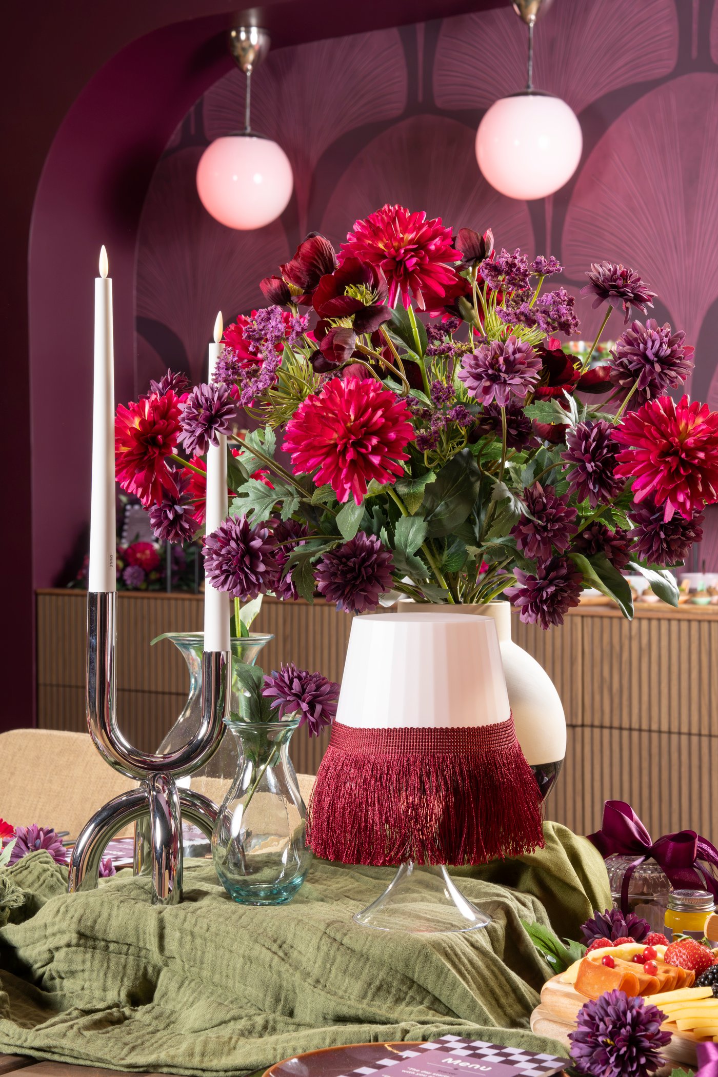 Flower arrangement displayed in a dining room.