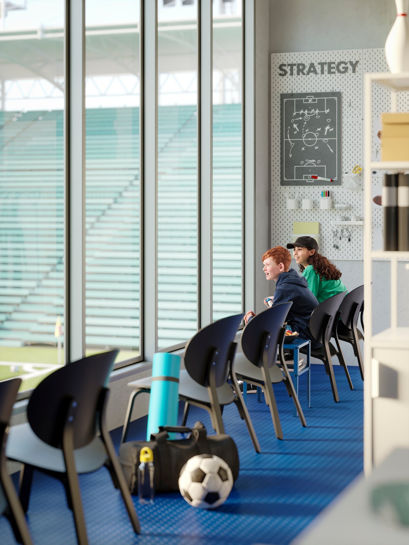 Five black TEODORES chairs in a row facing a window towards a sports hall. A girl and a boy sitting on two chairs watching.