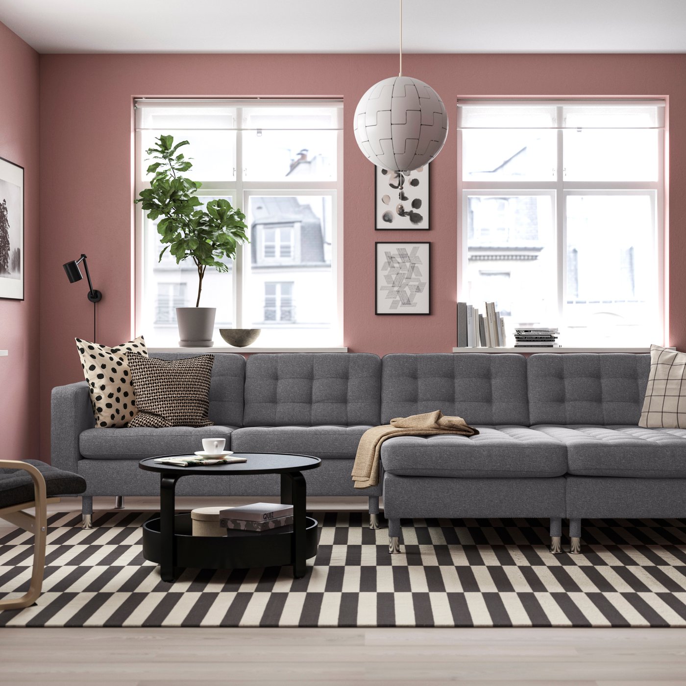 A Gunnared dark grey/metal LANDSKRONA 4-seat sofa with chaise longues