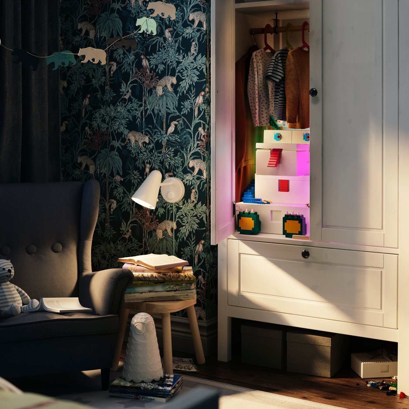 A white FUBBLA LED wall lamp in the childrens room