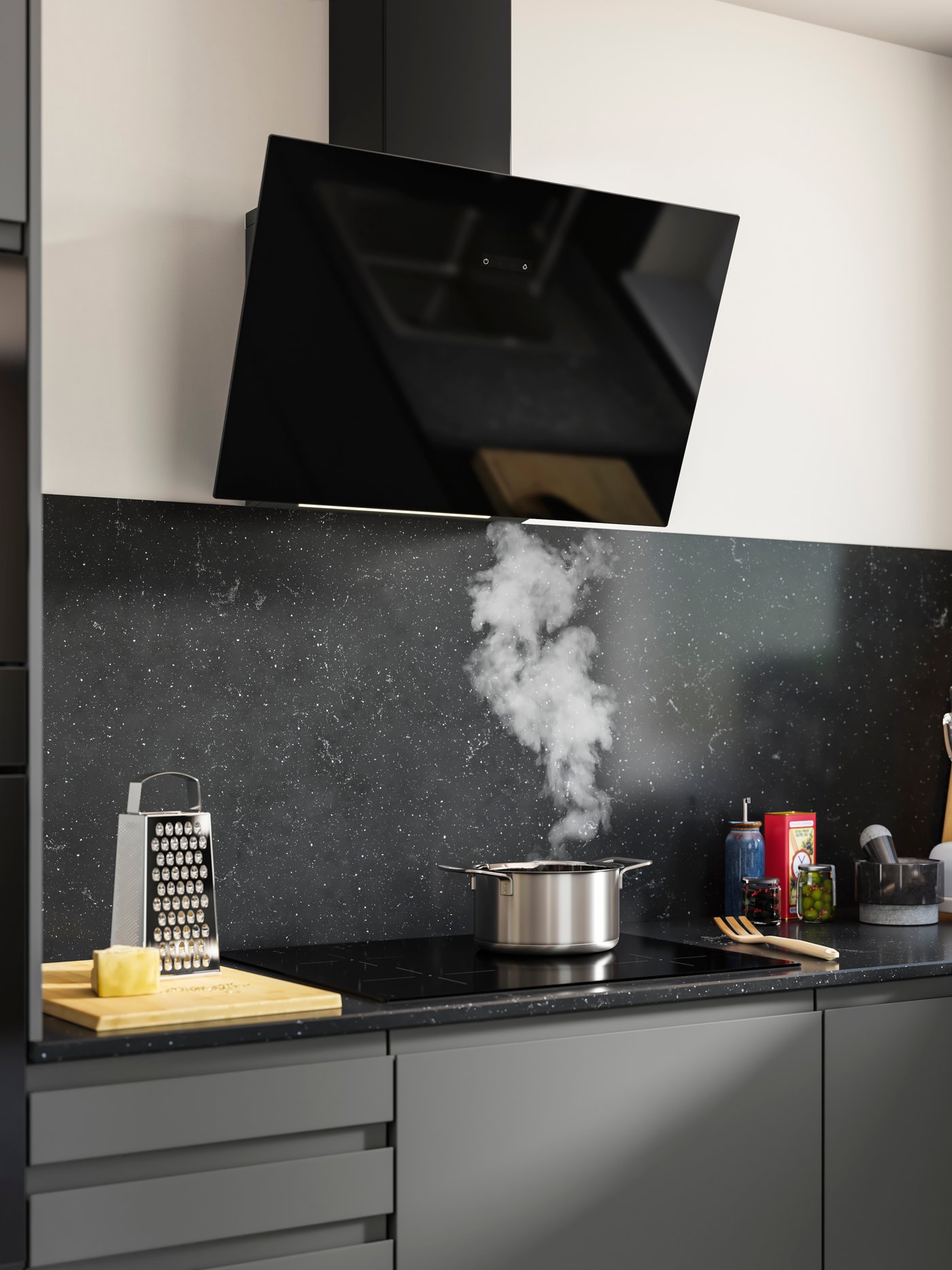 A KNUVEBO extarctor hood modern black on a modern grey IKEA kitchen