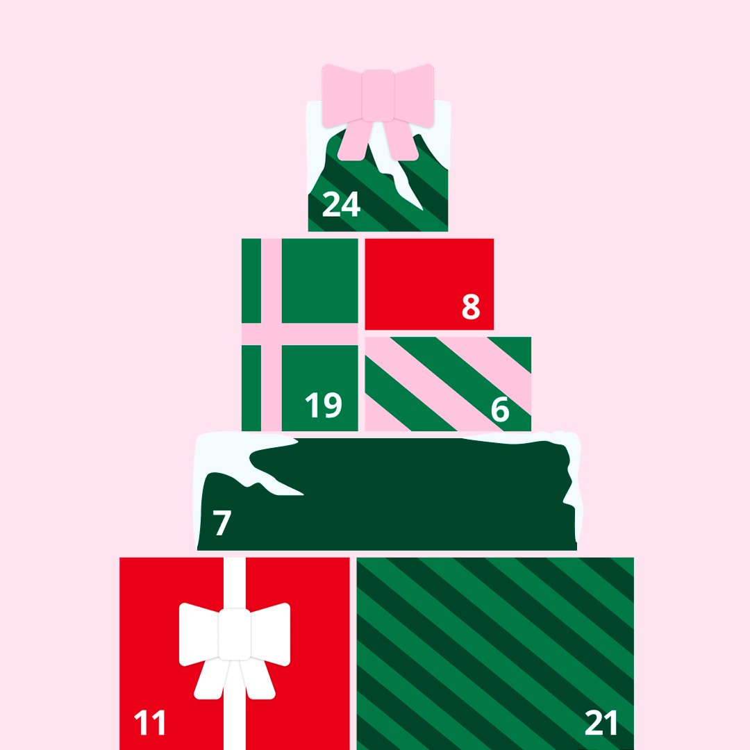 Dessin d'une pyramide de cadeau aux emballages vert et rouge avec des numéros dessus, sur fond rose pâle