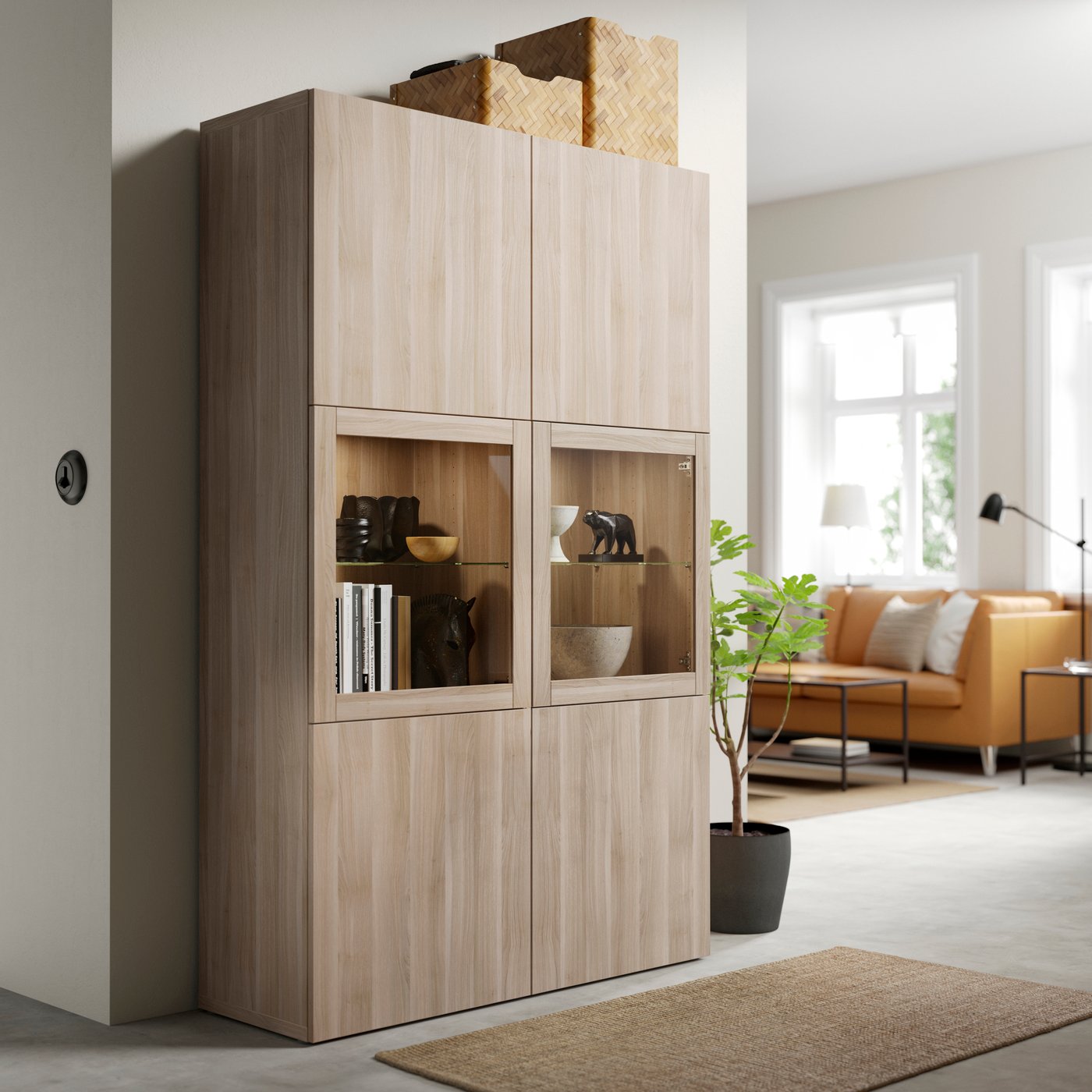 Combinaison de rangement BESTÅ avec portes en verre, effet noyer teinté gris Lappviken/Sindvik noyer teinté gris et verre clair