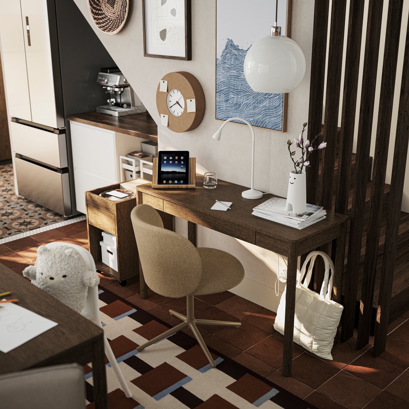 A brown stained oak veneer TONSTAD drawer unit on castors and a KRYLBO swivel chair stand at a TONSTAD desk against a wall.