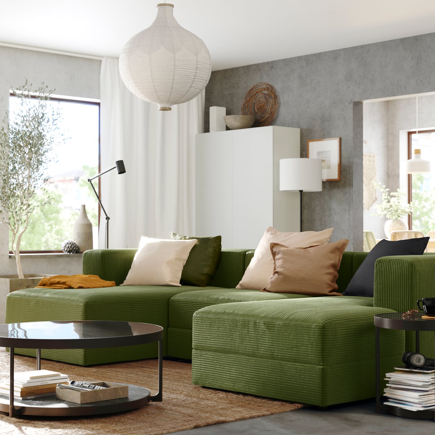 A with armrests Samsala/dark yellow-green JÄTTEBO 3,5-seat mod sofa w chaise longues in the living room.