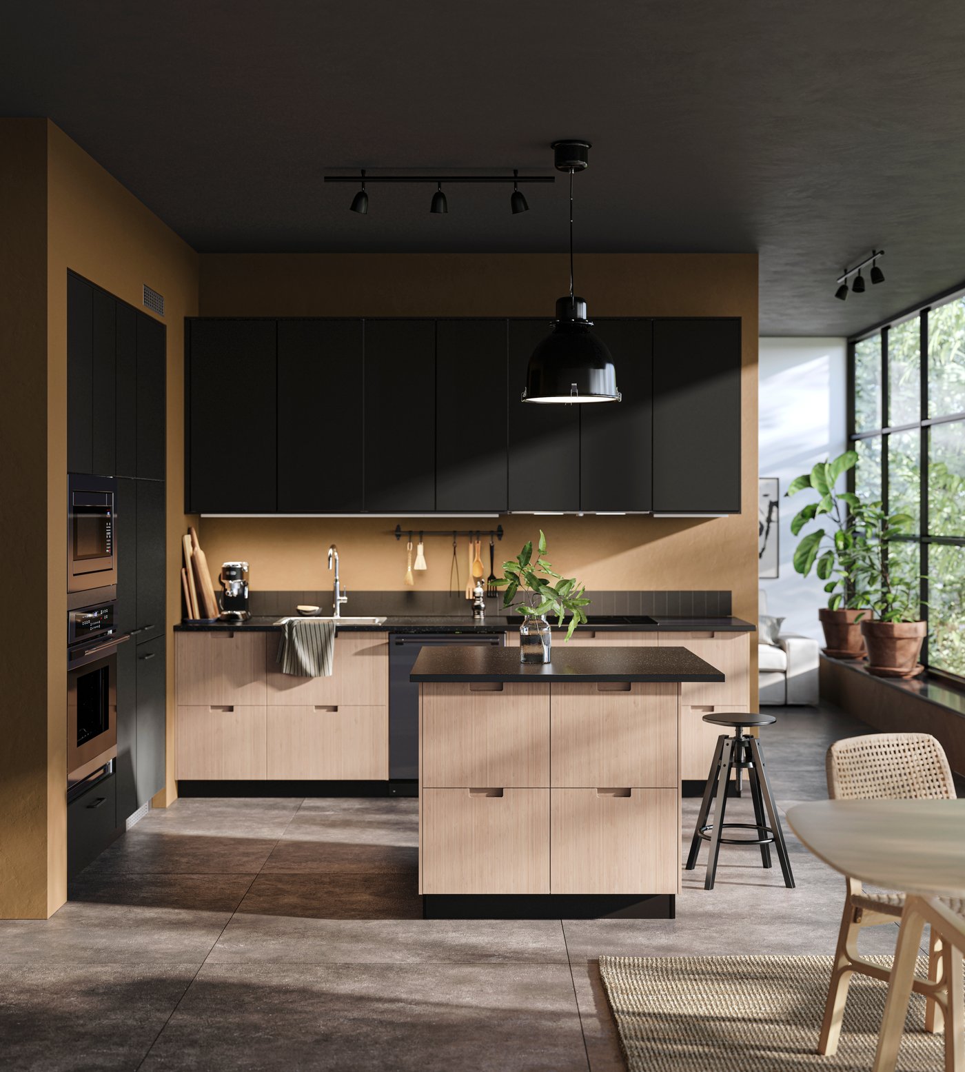 A long shot of a kitchen with a mix of dark and light wood kitchen cabinets.