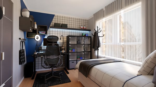Quarto gaming com espaço funcional