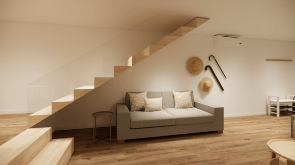 projeto de design de interiores de uma sala rústica e moderna com um sofá cinzento e um móvel de arrumação BESTÅ